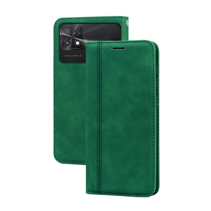 Magnetic flip PU phone case, green, front flap with camera opening and center slot