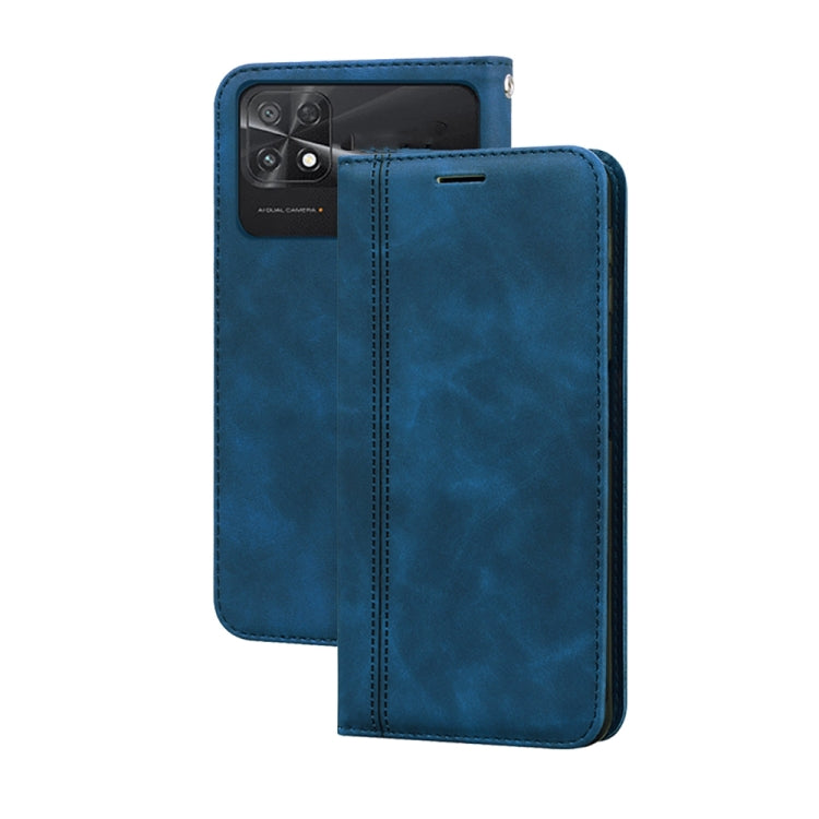 Magnetic flip PU phone case, blue, cover with camera cutout and stitched folio seams