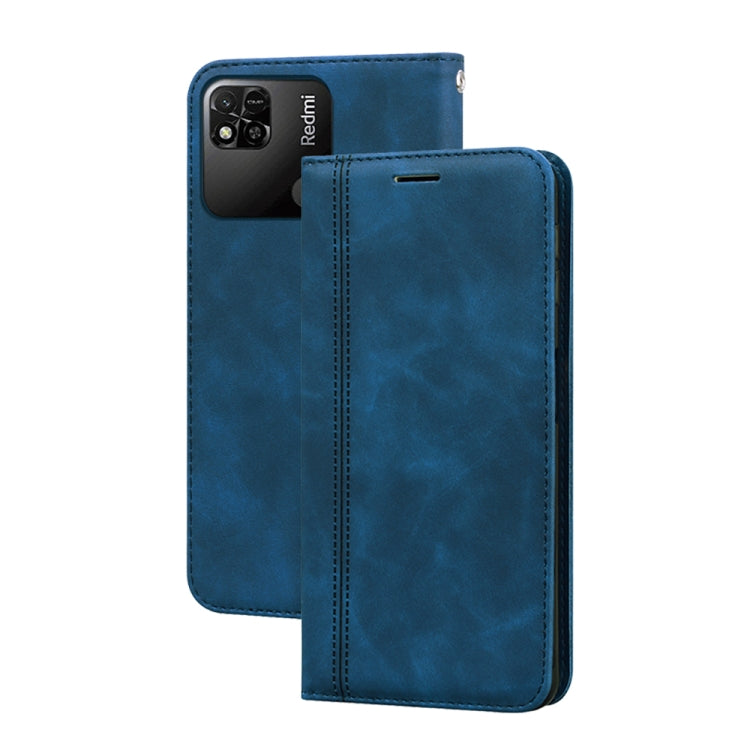 Magnetic flip phone case, blue PU leather with horizontal wallet style cover and stitching