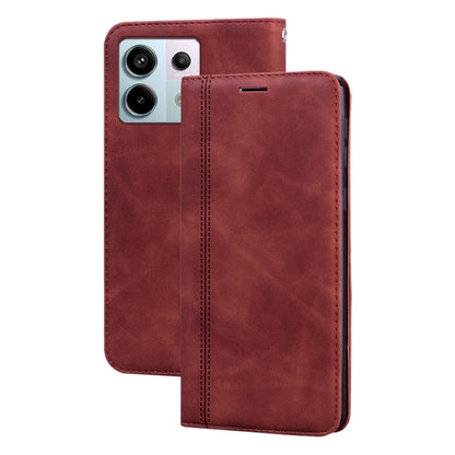 Magnetic flip PU phone case in brown-red with front camera cutout