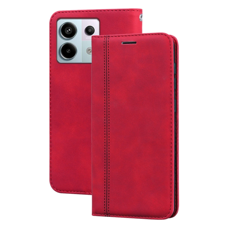 Red PU magnetic flip phone case with camera cutout and side opening