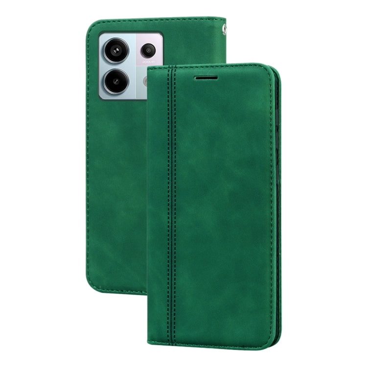 Magnetic flip PU phone case in green with camera and port cutouts