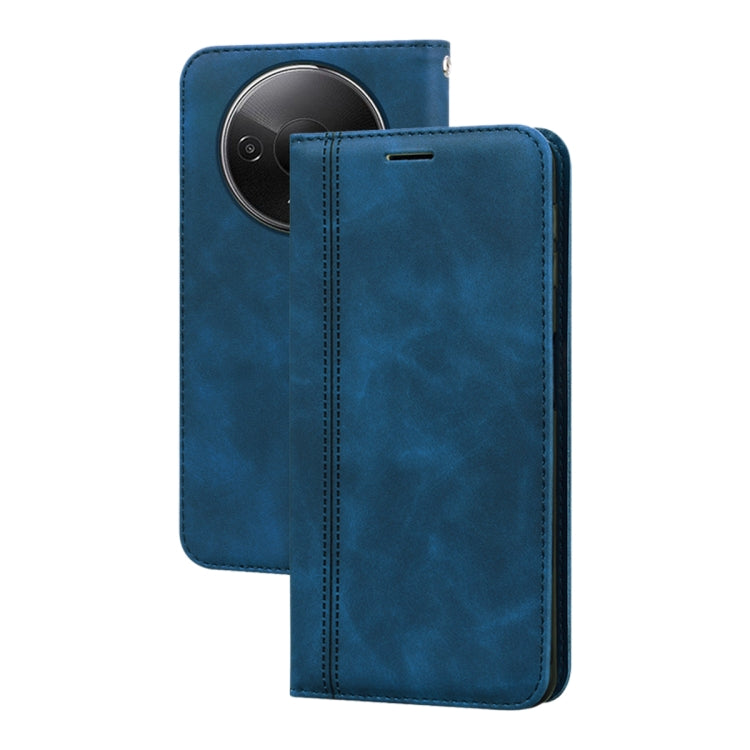 Blue PU folio phone case with magnetic flip cover and stitched horizontal seams