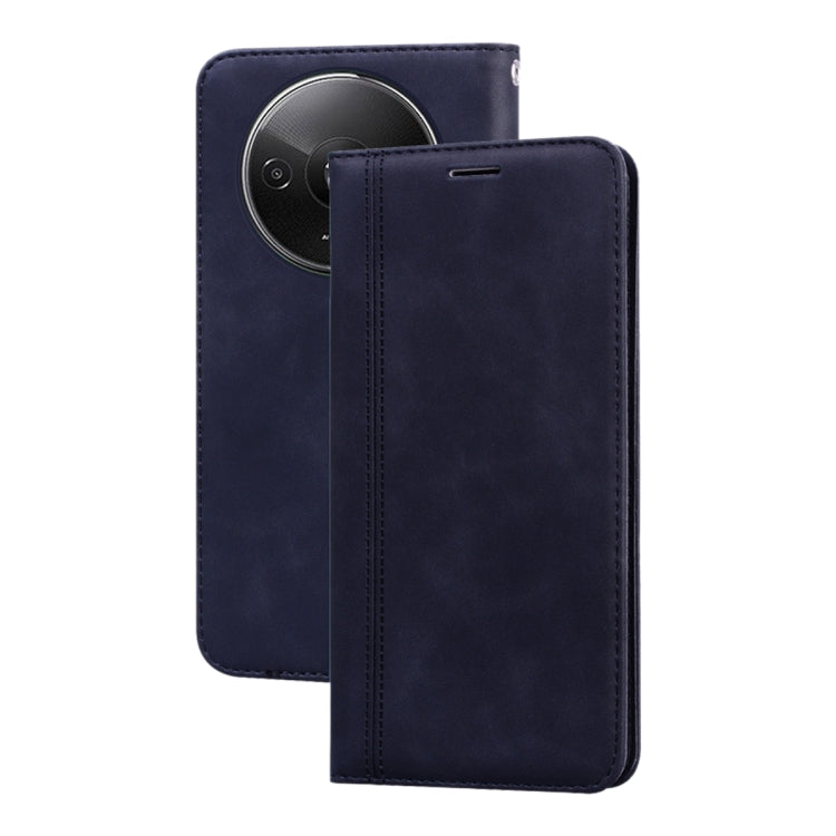 Magnetic flip PU phone case in dark blue with cutouts for camera and ports