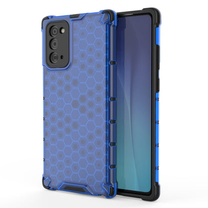 Blue honeycomb shockproof phone case with TPU bumper and raised camera cutout