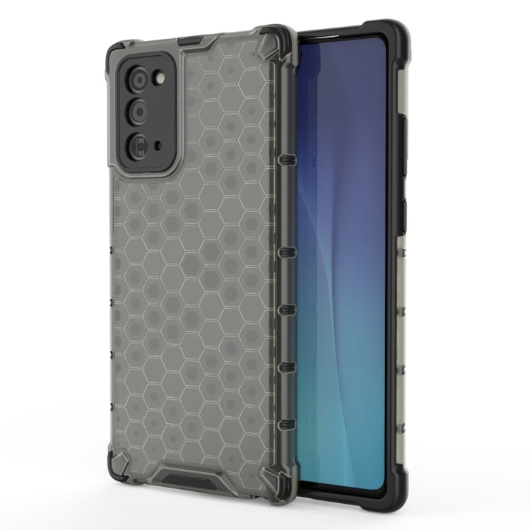 Shockproof honeycomb protective phone case with gray/clear back, hex pattern, for Galaxy Note 20