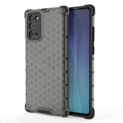 Shockproof honeycomb protective phone case with gray/clear back, hex pattern, for Galaxy Note 20