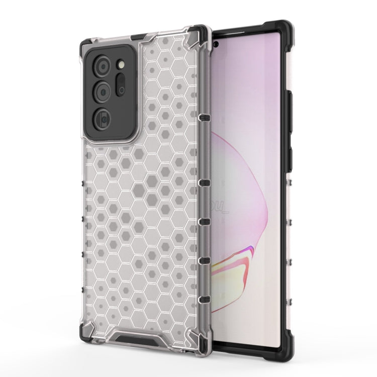 Shockproof honeycomb protective phone case with white/clear design, raised bezel, for Galaxy Note 20