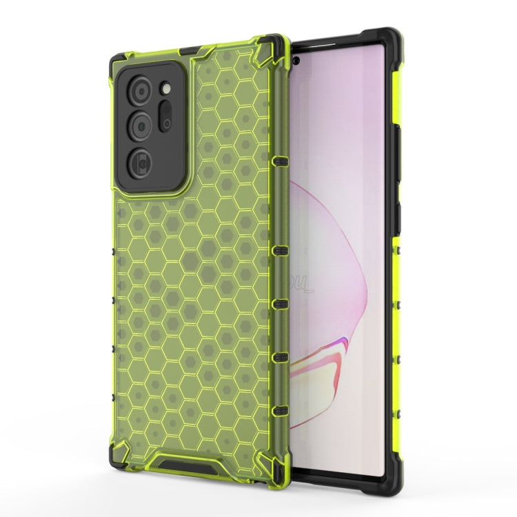 Shockproof honeycomb protective phone case with neon green frame, hex pattern, for Galaxy Note20 Ultra