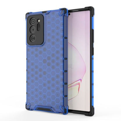 Shockproof honeycomb protective phone case with blue frame, hex pattern, raised edges, for Galaxy Note 20