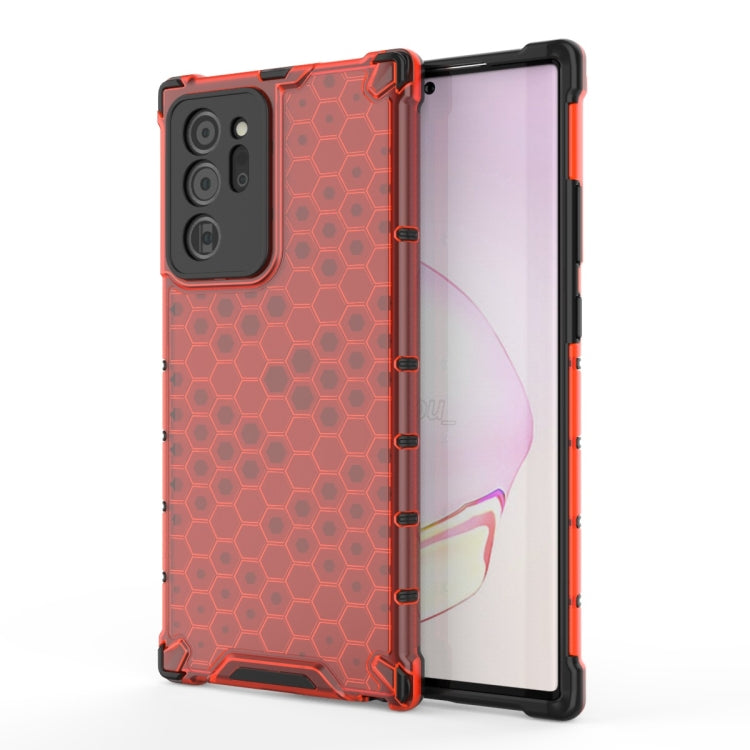 Shockproof honeycomb protective phone case with red frame and clear panel, rugged corner guards