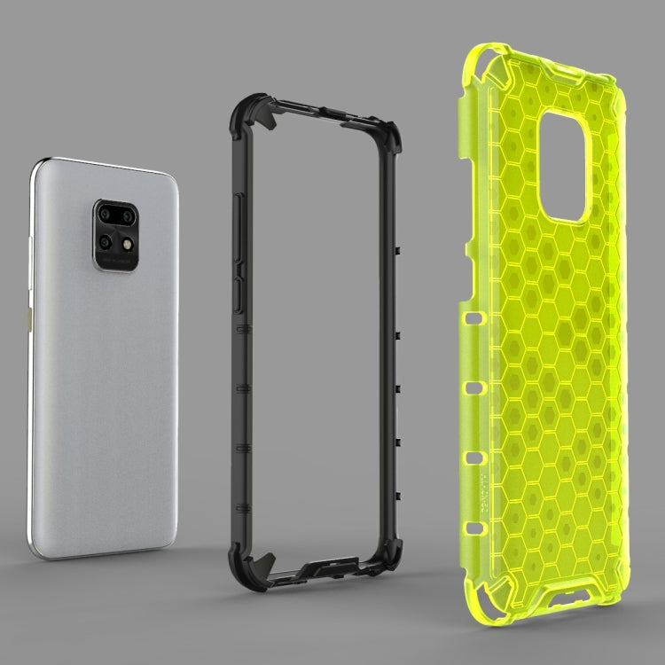 Neon yellow honeycomb shockproof phone case with TPU bumper, shown with black and white shells