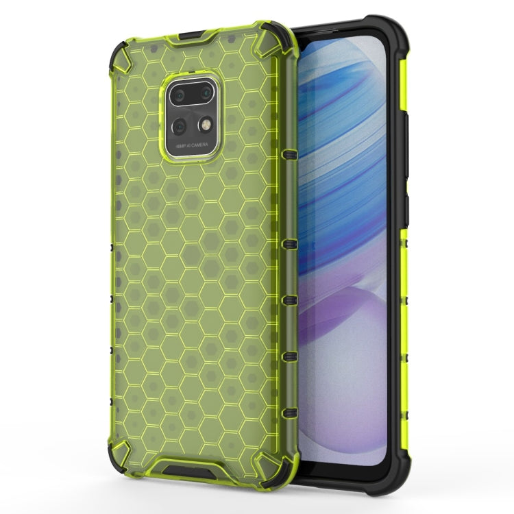 Shockproof honeycomb protective phone case with lime green frame, honeycomb texture, rugged corners