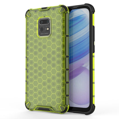 Shockproof honeycomb protective phone case with lime green frame, honeycomb texture, rugged corners