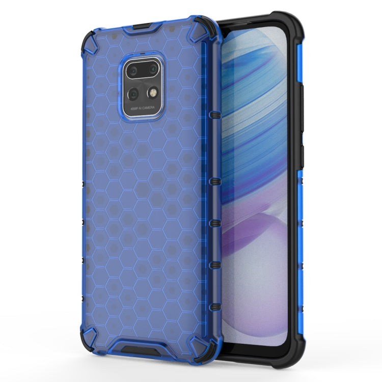 Shockproof honeycomb protective phone case with blue frame, hex pattern, raised lip for screen