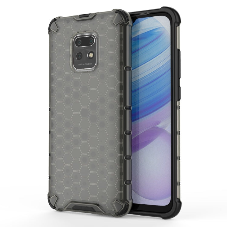 Shockproof honeycomb PC and TPU phone case with camera cutout and raised edges, dark gray