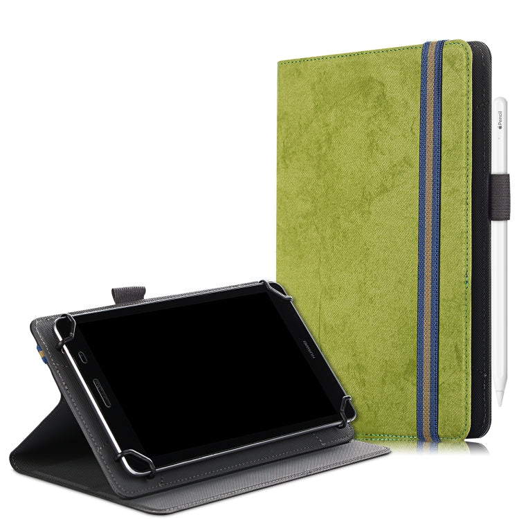 Green flip tablet PC leather case with stand and pen slot, shown open with tablet inside