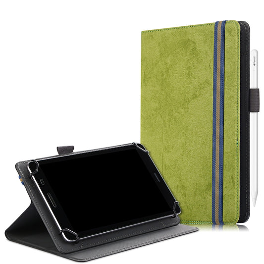 Green flip tablet PC leather case with stand and pen slot, shown open with tablet inside