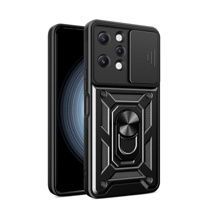 Black rugged phone case with sliding camera cover and raised armor pattern