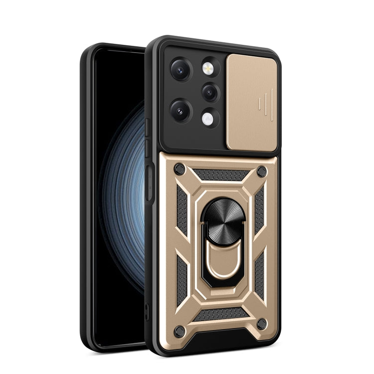 Gold rugged phone case with sliding camera cover and geometric armor design