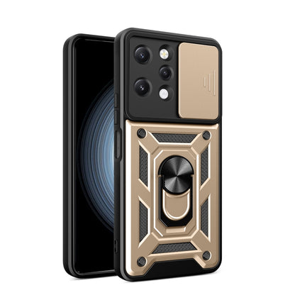 Gold rugged phone case with sliding camera cover and geometric armor design