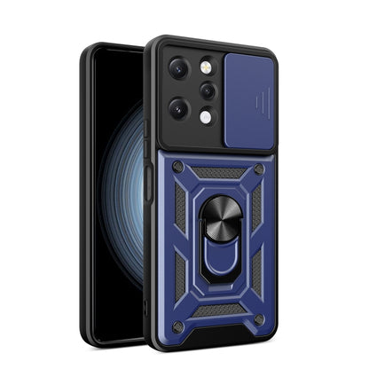 Blue rugged phone case with sliding camera cover and textured armor-style panel