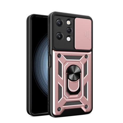 Rose gold rugged phone case with sliding camera cover and raised armor pattern