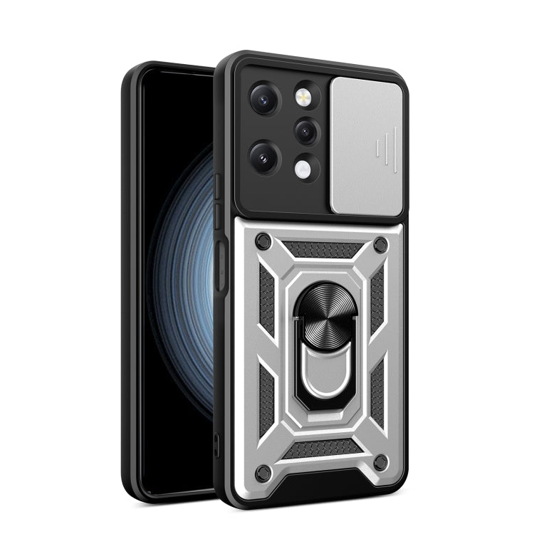 Silver rugged phone case with sliding camera cover and industrial armor-style design