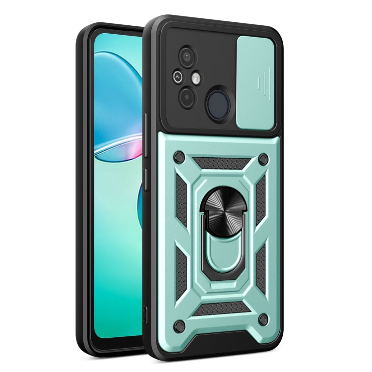 Mint green rugged phone case with sliding camera cover; front and back visible