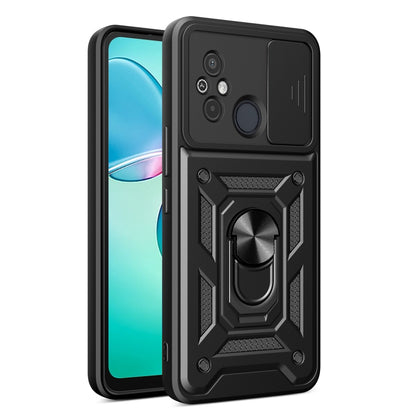 Black rugged phone case with sliding camera cover; front and back visible