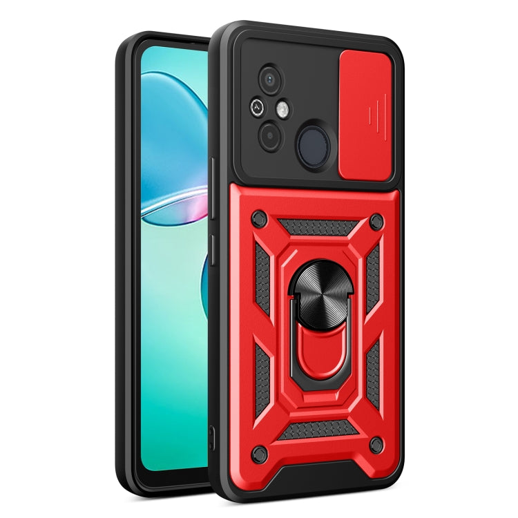 Red rugged phone case with sliding camera cover; front and back visible
