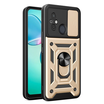 Black and beige phone case with sliding camera cover and built-in ring stand