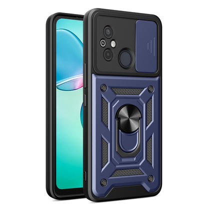 Black and blue phone case with sliding camera cover and built-in ring stand
