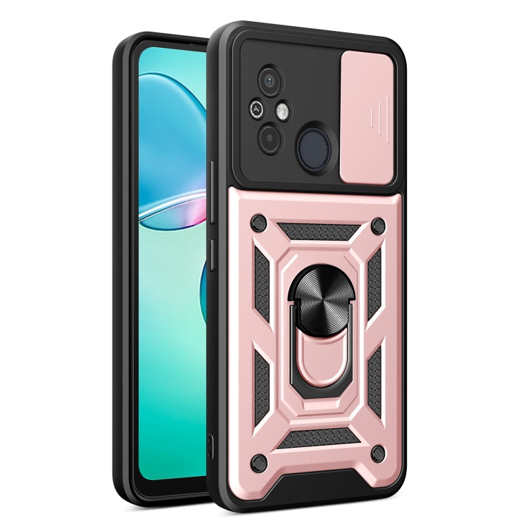 Black and pink phone case with sliding camera cover and built-in ring stand