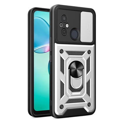 Black and silver phone case with sliding camera cover and built-in ring stand