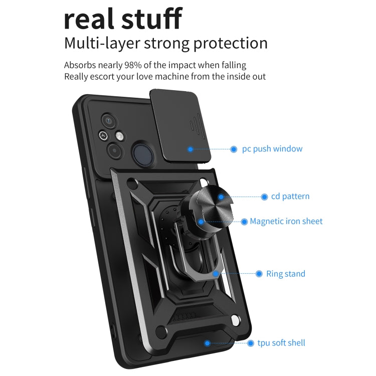 Black phone case with sliding camera cover, ring stand, and protective back frame