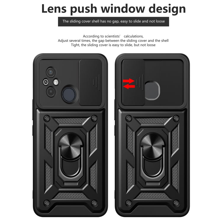 Black phone case showing sliding camera cover window and ring stand
