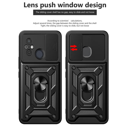 Black phone case showing sliding camera cover window and ring stand
