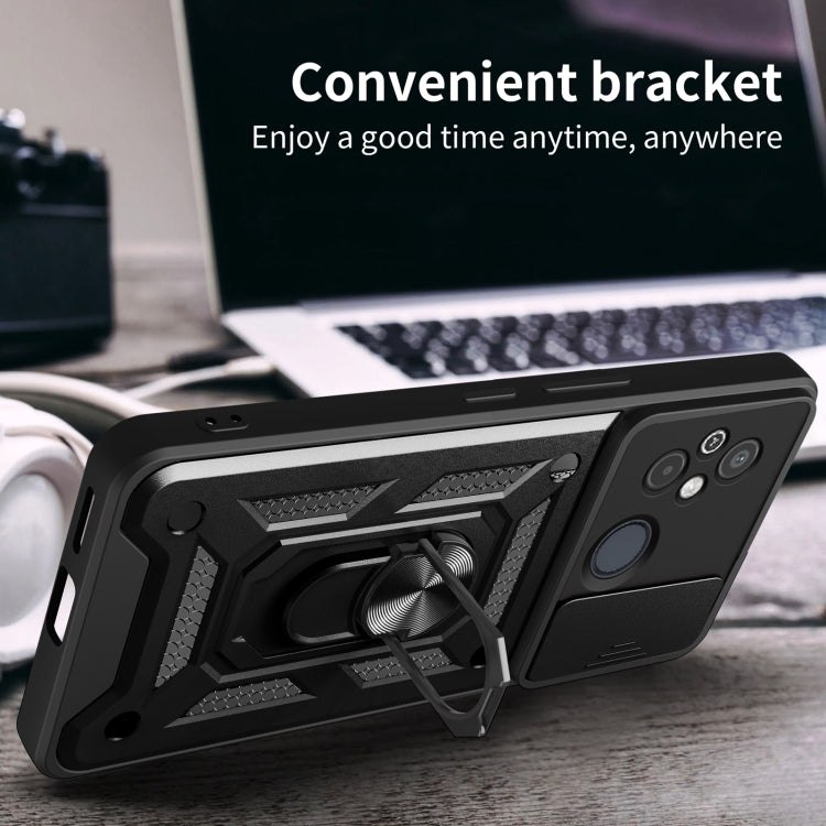 Black phone case with ring stand and sliding camera cover, angled back view