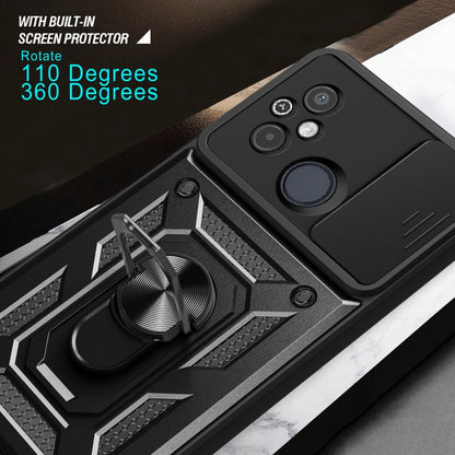 Black phone case with ring stand and sliding camera cover, close-up back detail