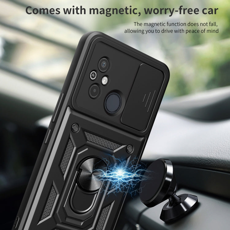 Black phone case with ring stand and sliding camera cover on the back