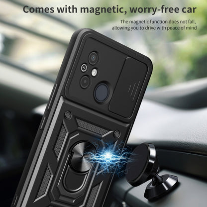 Black phone case with ring stand and sliding camera cover on the back