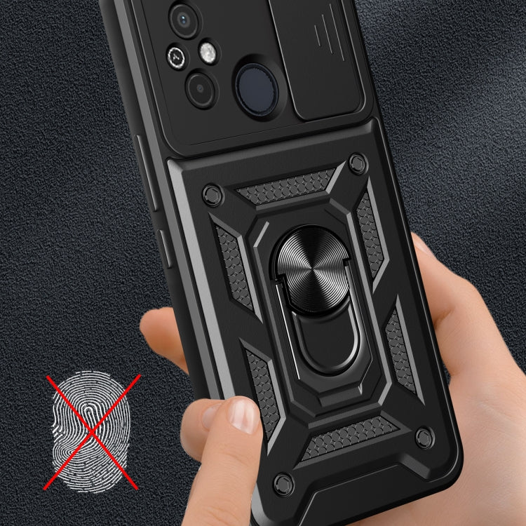 Black phone case close-up with ring stand and sliding camera cover on rear panel