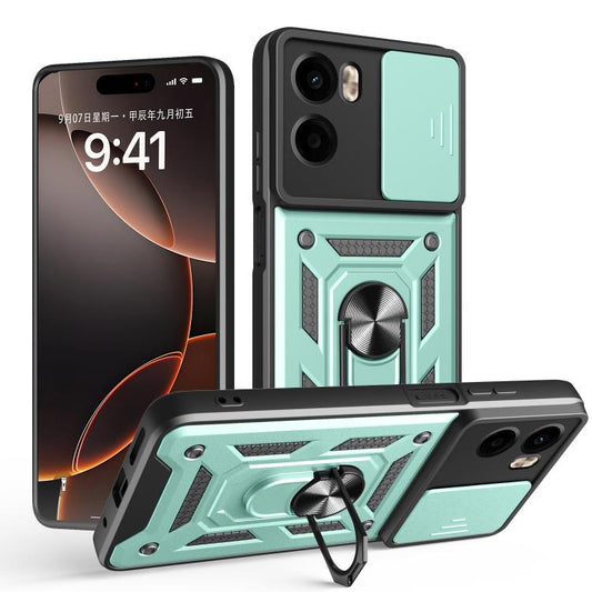 Mint green rugged phone case with sliding camera cover and ring stand