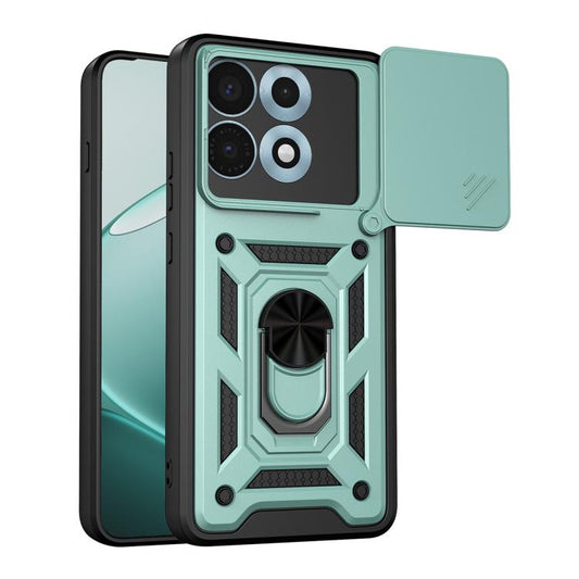 Mint green sliding camera cover phone case with raised rugged ring stand