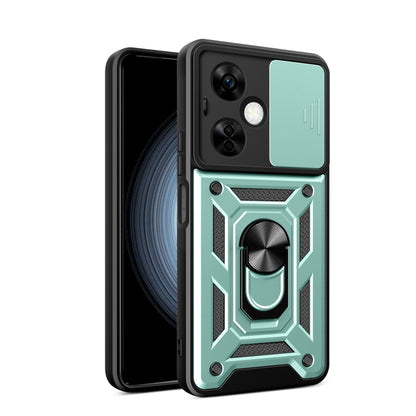 Mint green rugged phone case with sliding camera cover and raised armor pattern