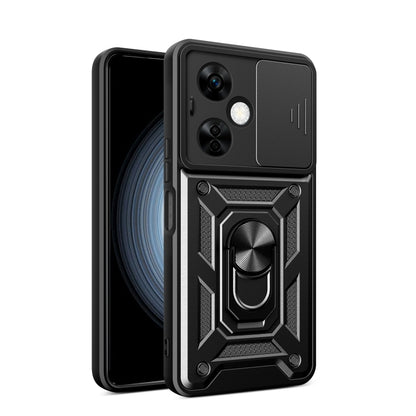 Black rugged phone case with sliding camera cover and raised armor design