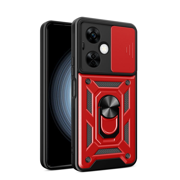 Red rugged phone case with sliding camera cover and raised armor pattern