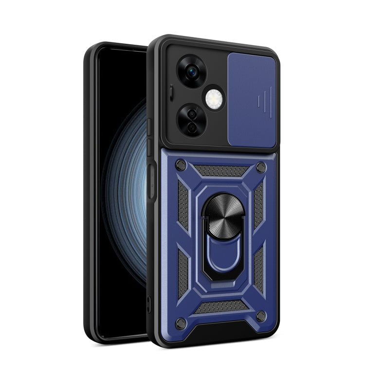 Blue rugged phone case with sliding camera cover and raised armor pattern