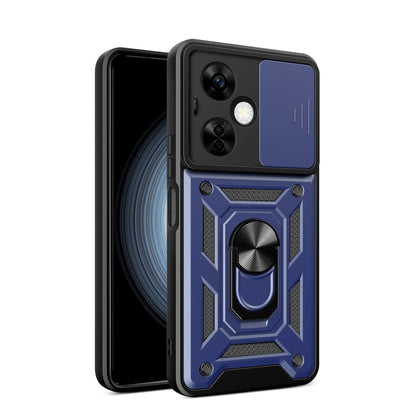 Blue rugged phone case with sliding camera cover and raised armor pattern
